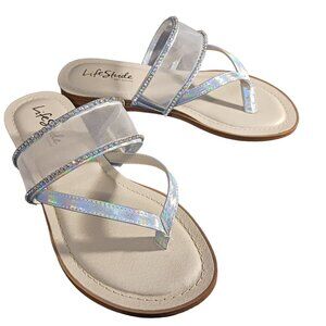 NEW Life Stride Radiant Glow Silver Iridescent Flip Flop‎ Sandals Size 7 Wide